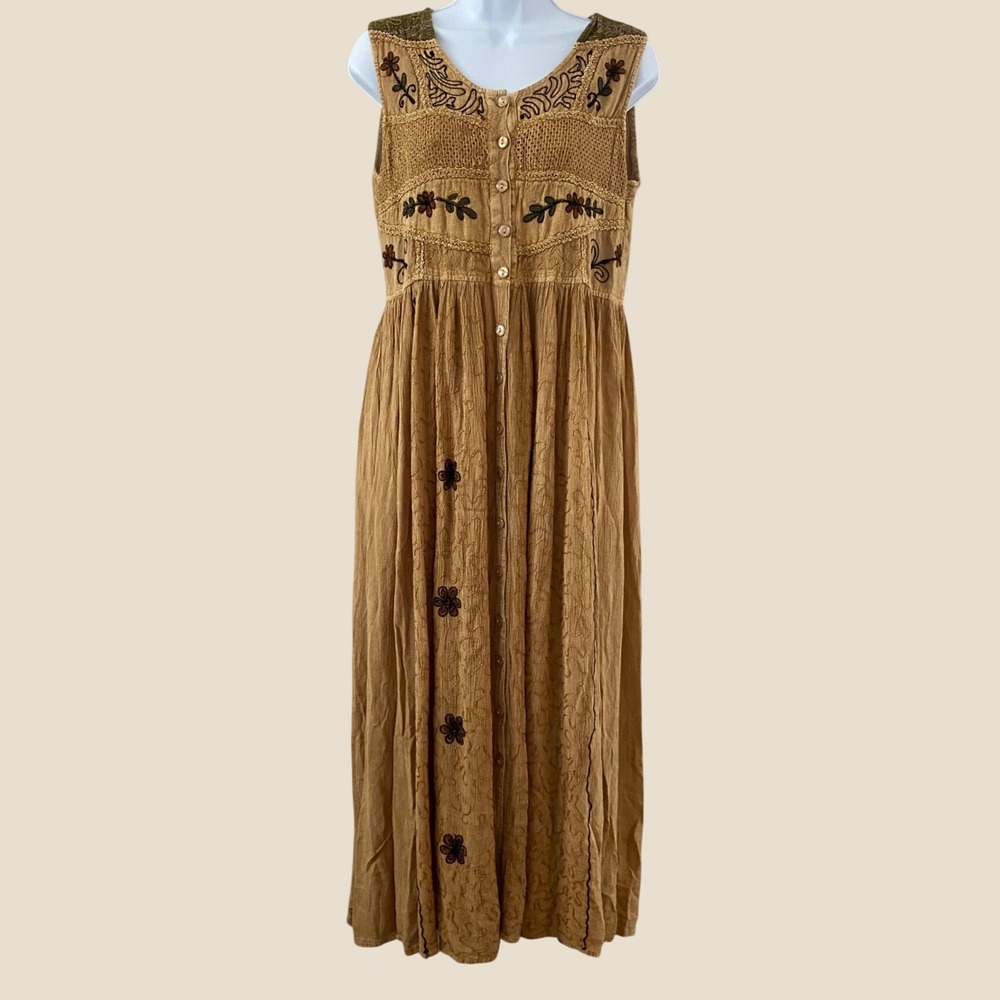 Vintage Tan Fairy Maxi Dress Small Vintage Embroidered Bohemian Boho Festival
